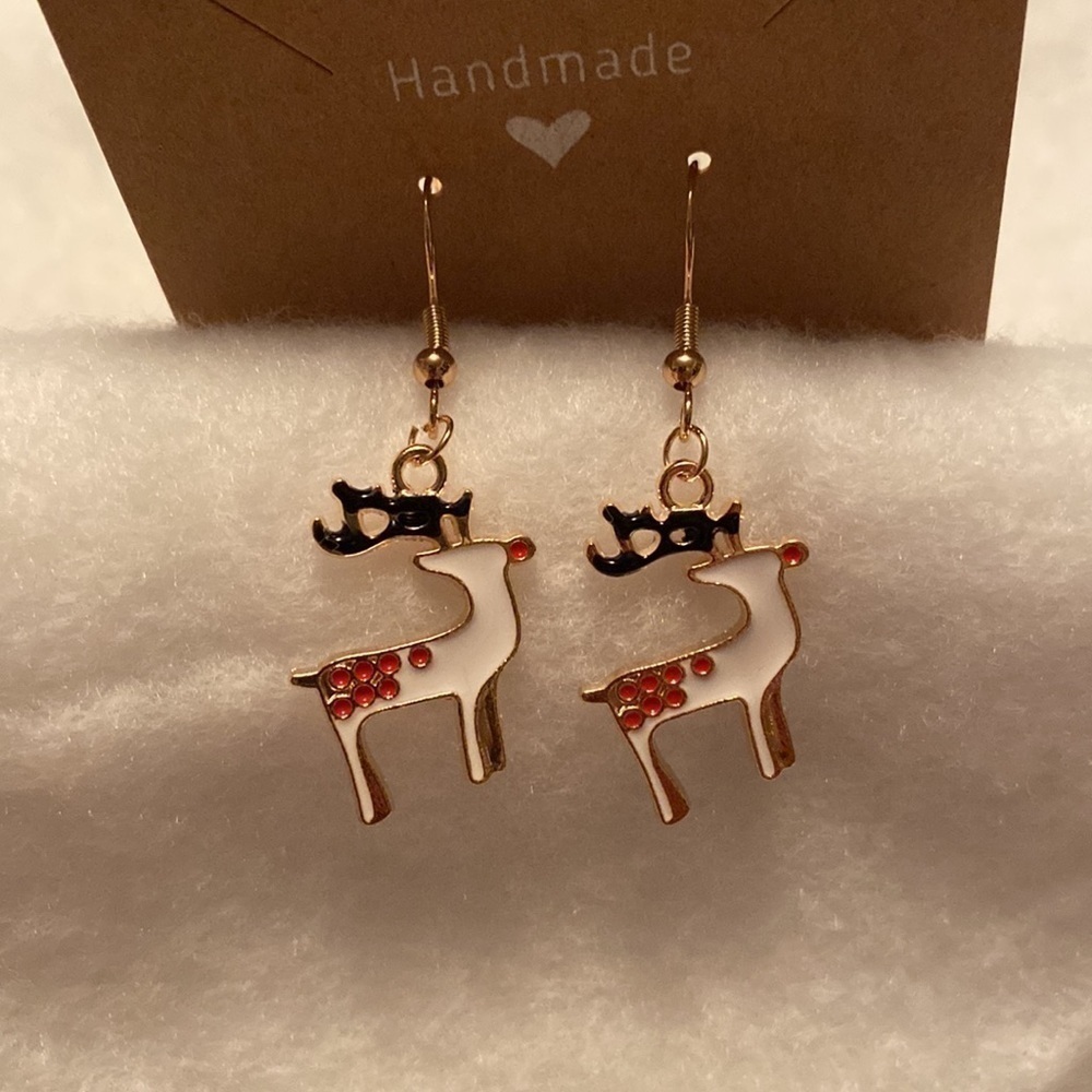 White Reindeer with Black Antlers Christmas  Dangle Earrings